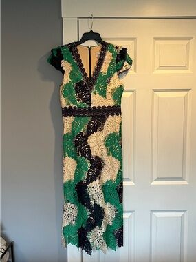 Adelyn Rae Green, Navy & Cream Lace Midi Dress with V-Neck